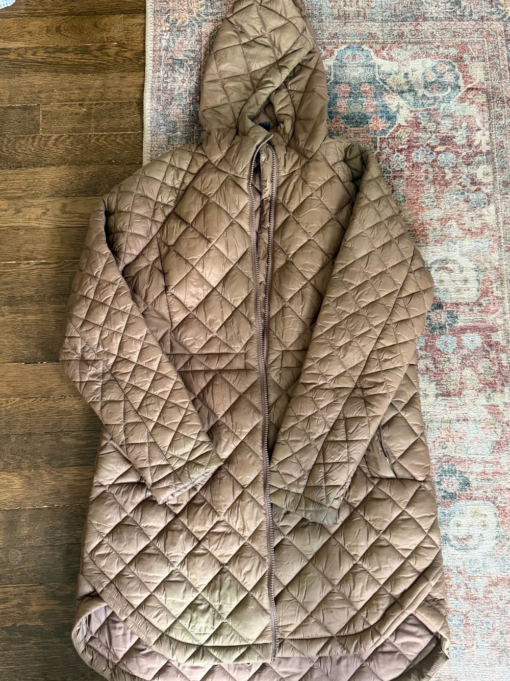 Athleta Quilted Hooded Puffer Jacket - Taupe/Brown - Picture 2 of 3